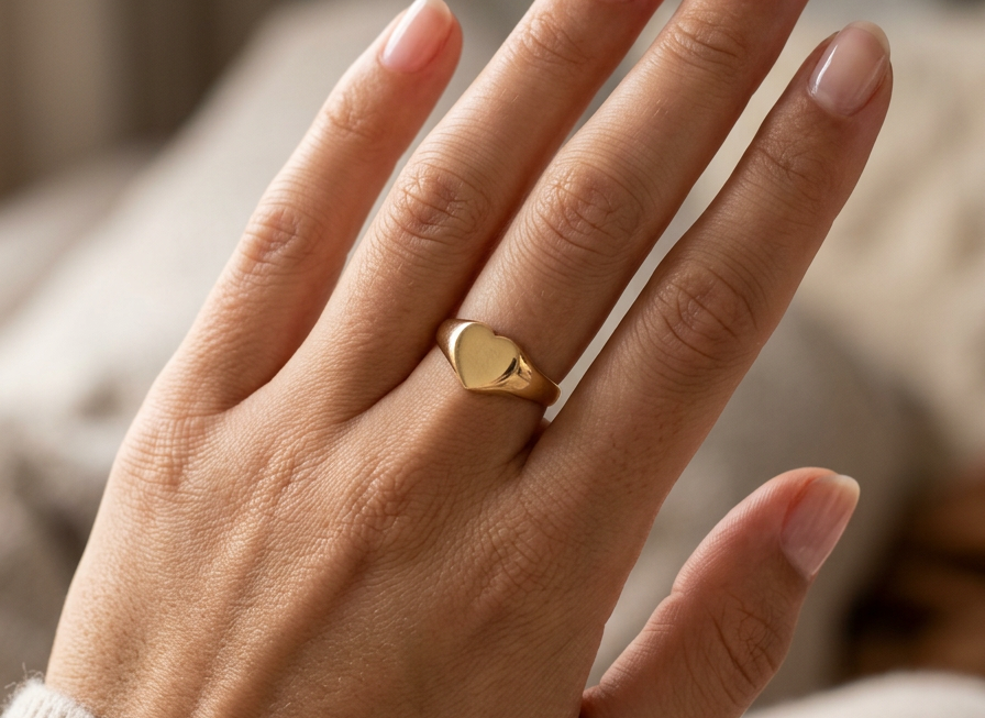 hand A very unusual signet ring, hallmarked in Birmingham in 1900.
The head is heart shaped and measures 11x10mm.