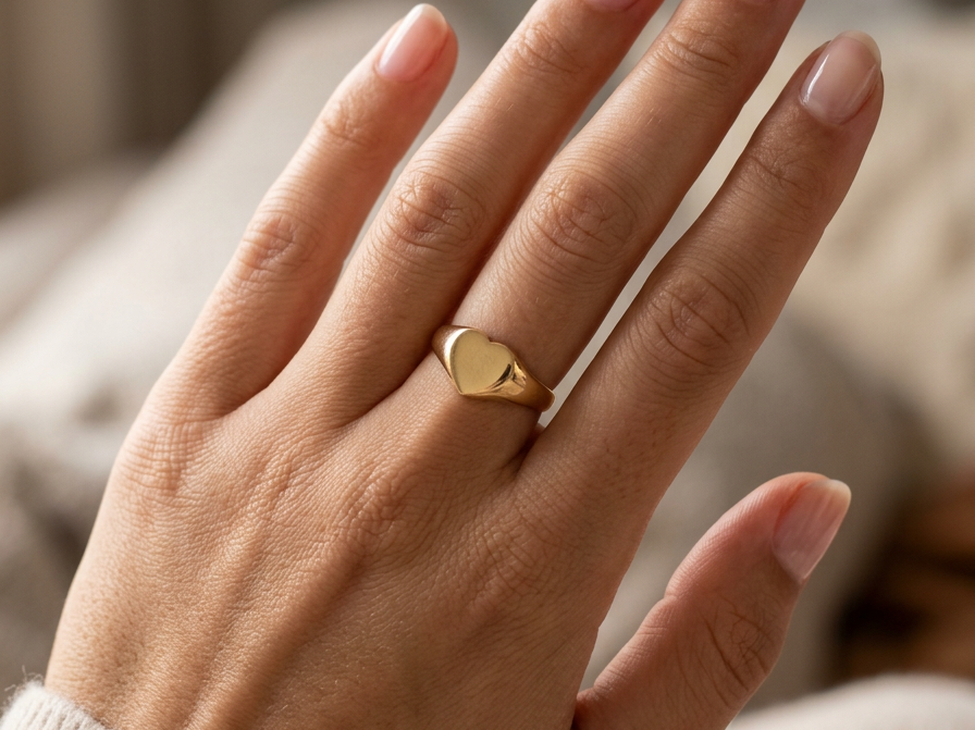 hand A very unusual signet ring, hallmarked in Birmingham in 1900.
The head is heart shaped and measures 11x10mm.