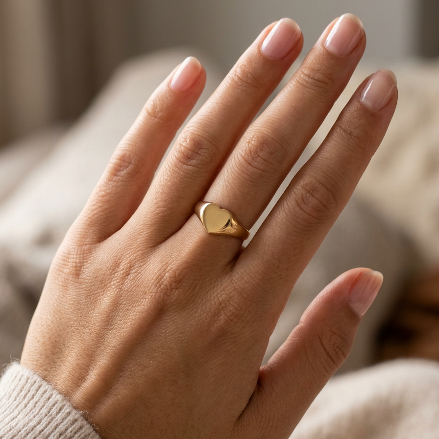 hand A very unusual signet ring, hallmarked in Birmingham in 1900.
The head is heart shaped and measures 11x10mm.