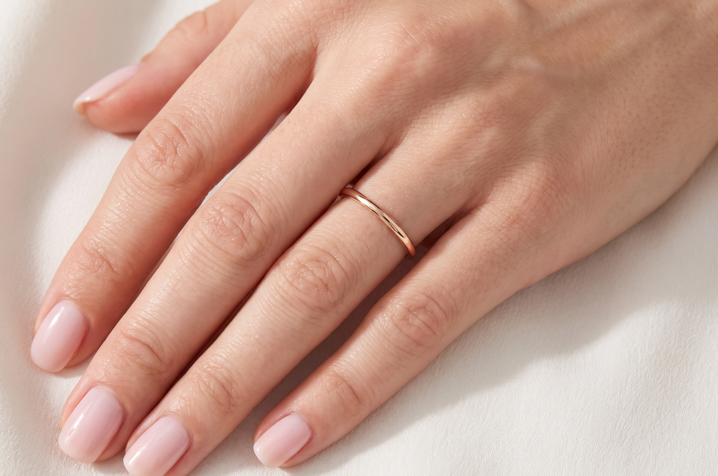 hand A vintage 18 carat gold* wedding ring. Narrow 2mm width, D shape profile