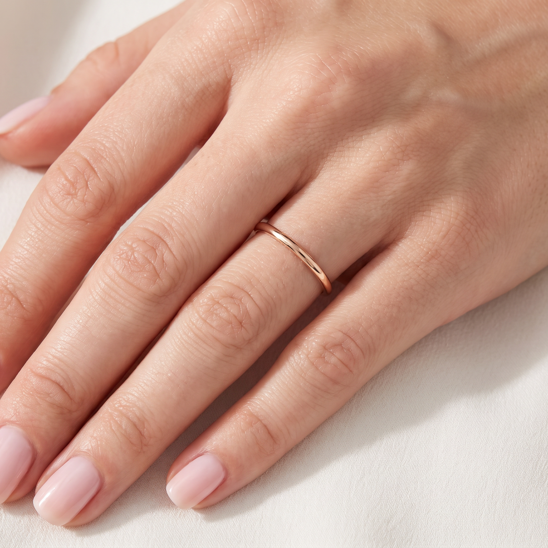 hand A vintage 18 carat gold* wedding ring. Narrow 2mm width, D shape profile