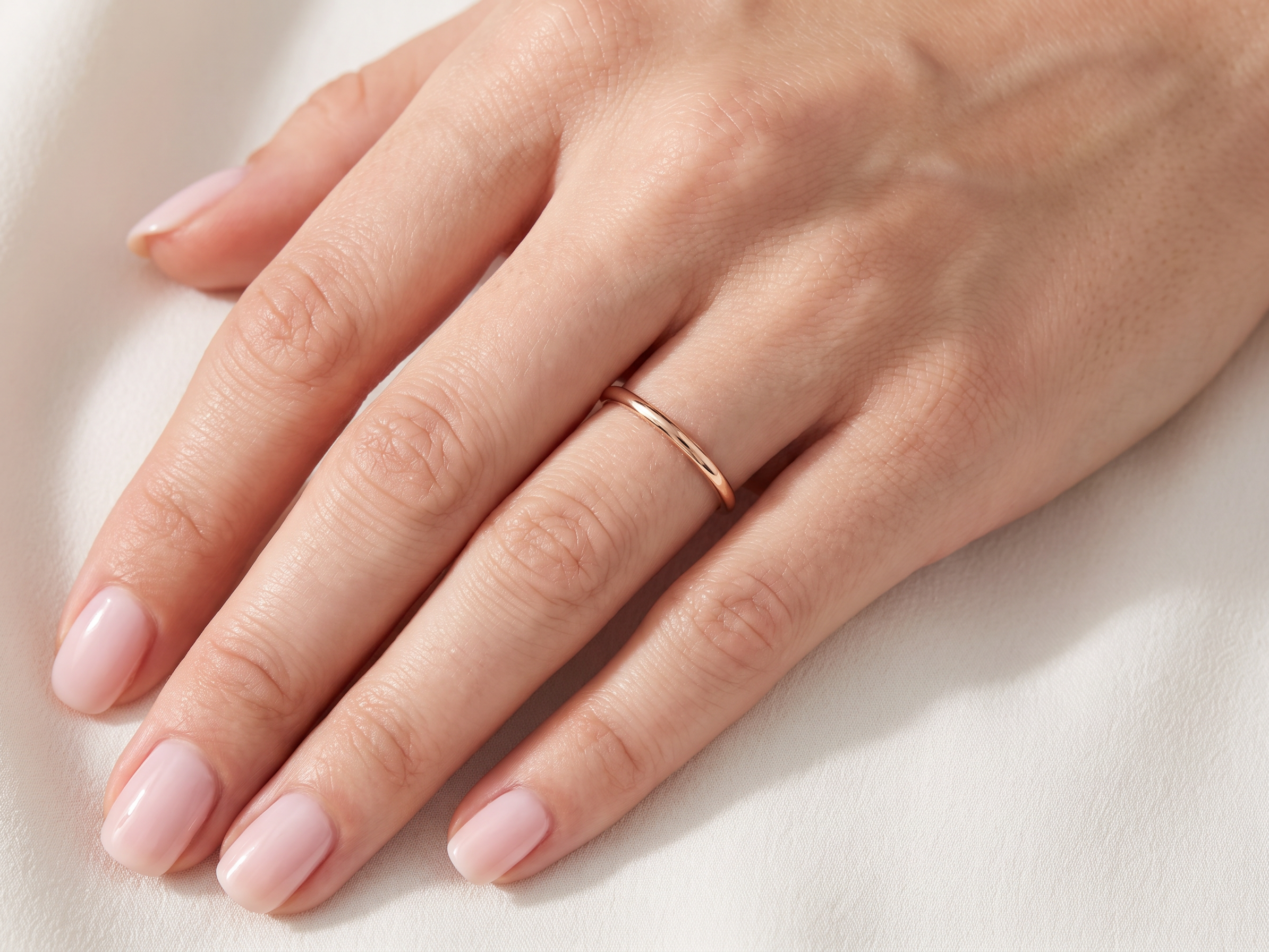 hand A vintage 18 carat gold* wedding ring. Narrow 2mm width, D shape profile