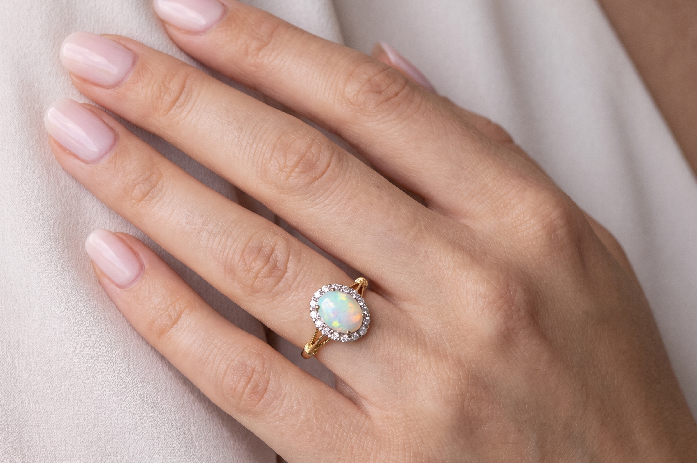 hand A vintage cluster ring. Features an oval white opal, measures 10x8mm, with a good play of colour.