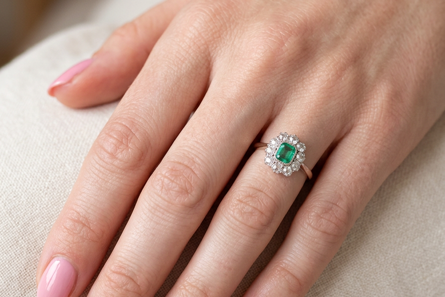hand A vintage cluster ring, the centre stone a cushion shaped emerald 4x3.5mm, mid to dark green colour. Mille grain setting.