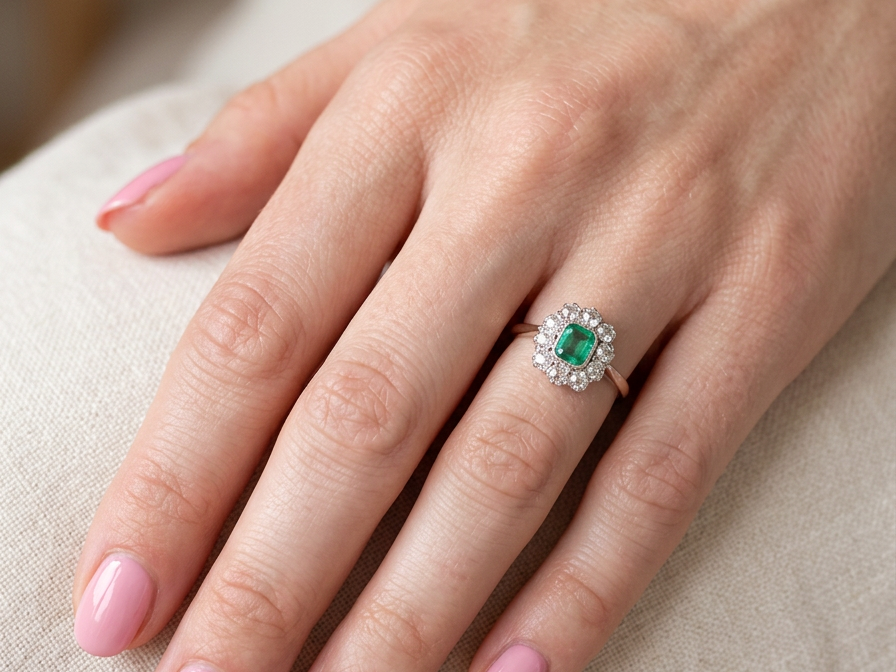 hand A vintage cluster ring, the centre stone a cushion shaped emerald 4x3.5mm, mid to dark green colour. Mille grain setting.