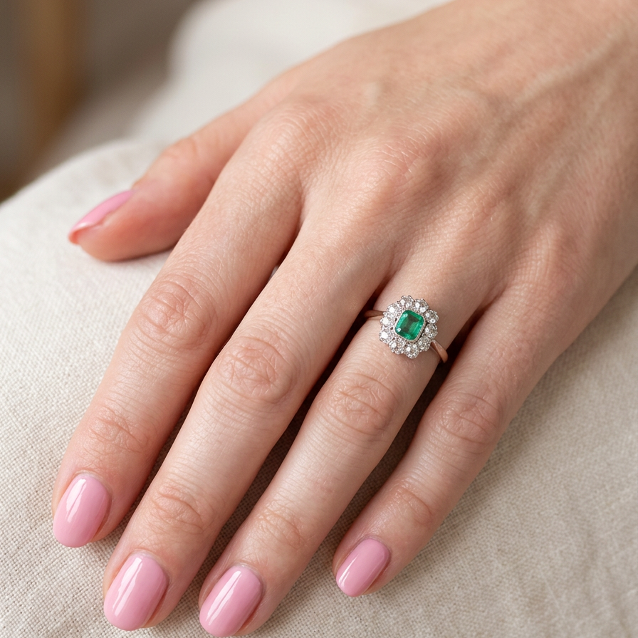hand A vintage cluster ring, the centre stone a cushion shaped emerald 4x3.5mm, mid to dark green colour. Mille grain setting.
