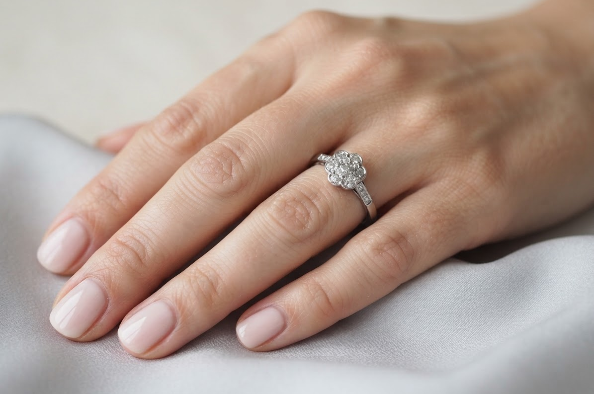 hand A vintage cluster ring, the head set with seven small single cut white diamonds, each 1.7mm (est 0.15 carats)