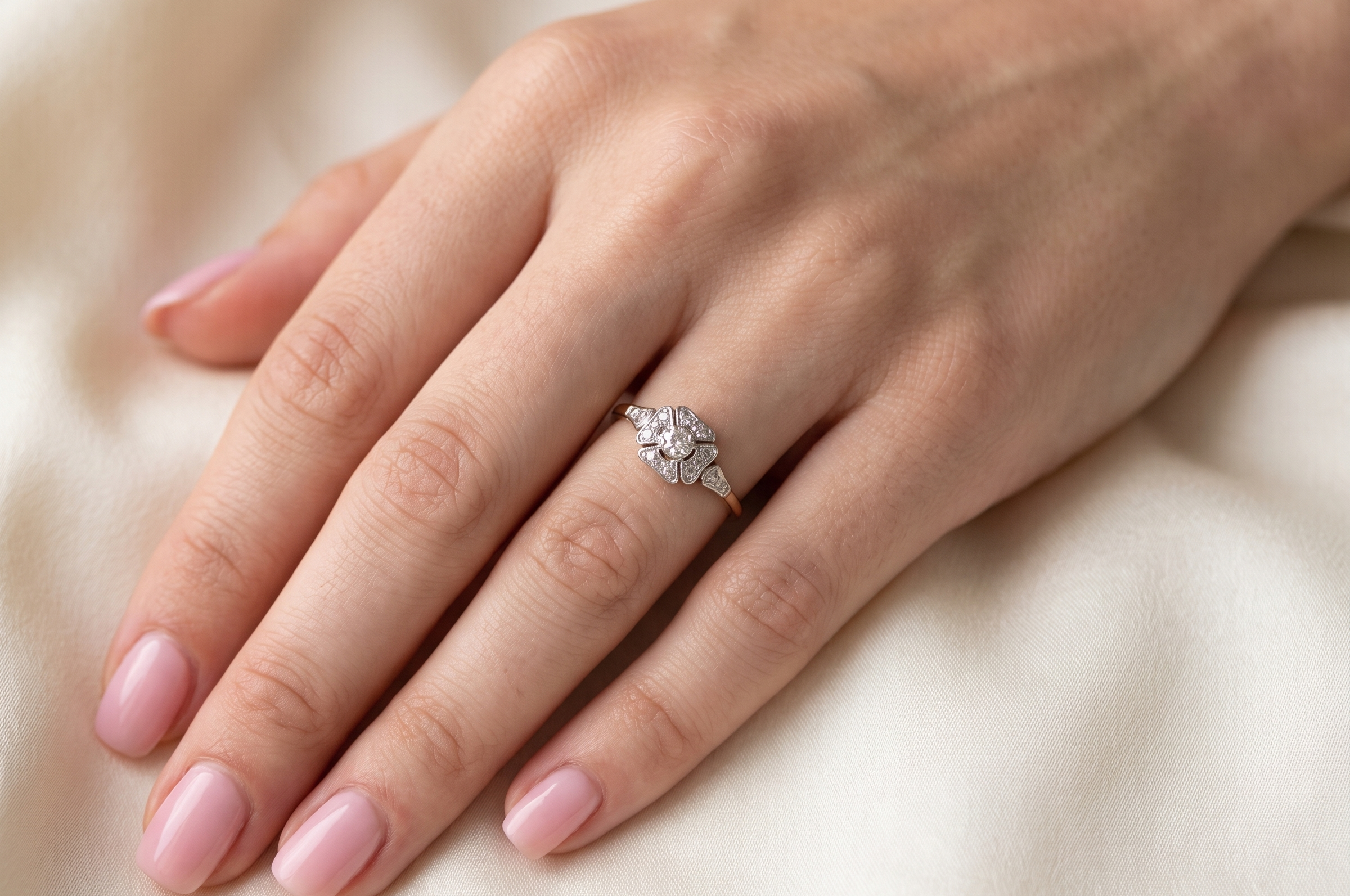 hand A vintage diamond cluster ring. Shaped like a four leaf clover, each leaf is pavé set with small white diamonds, two each x 1.5mm. Centre diamond 2.4mm. (total estimated total 0.17 carats)