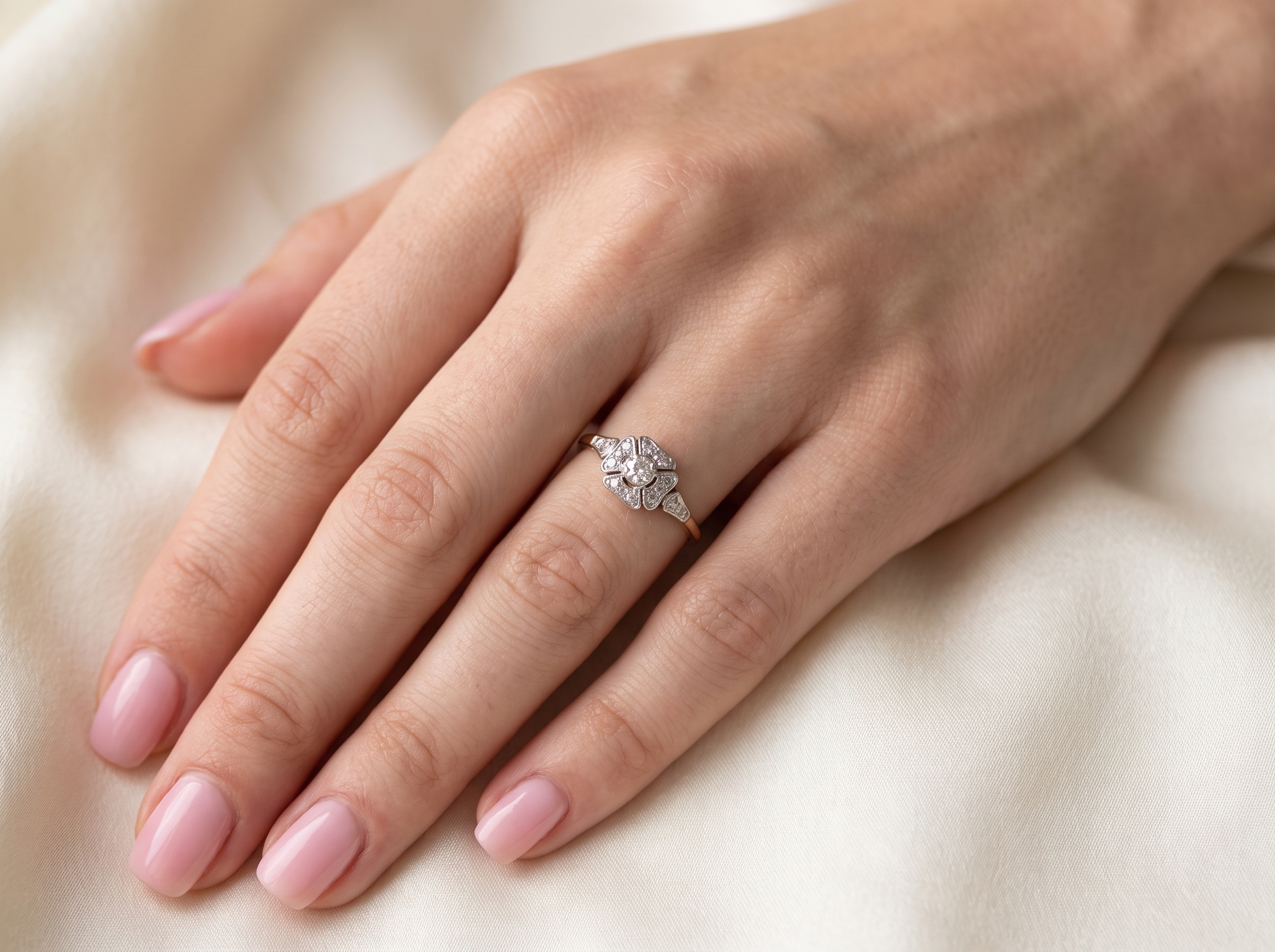 hand A vintage diamond cluster ring. Shaped like a four leaf clover, each leaf is pavé set with small white diamonds, two each x 1.5mm. Centre diamond 2.4mm. (total estimated total 0.17 carats)