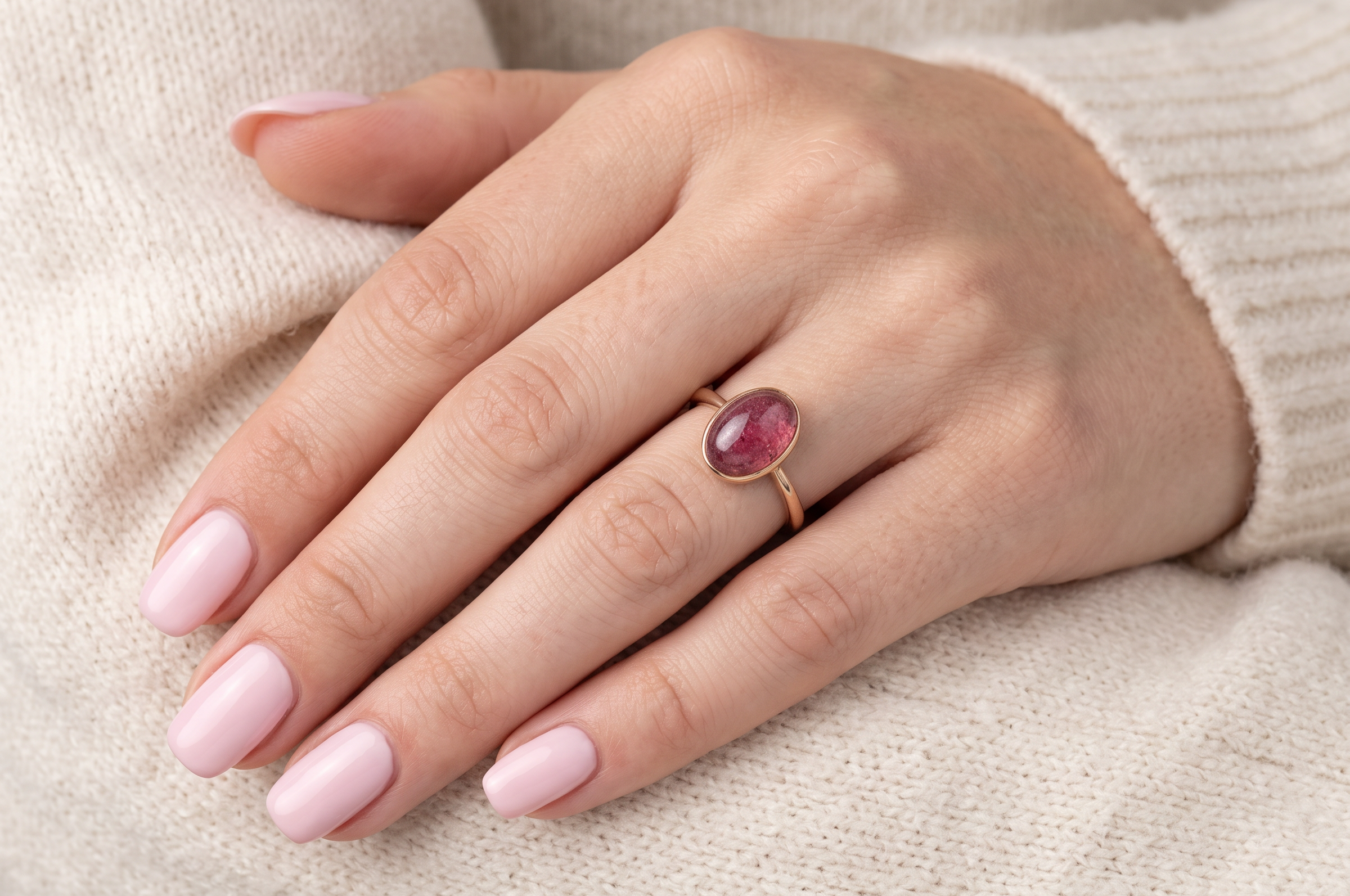 hand A vintage dress ring. Set with an oval cabouchon cut garnet, 11x7mm, in a rim style setting.
