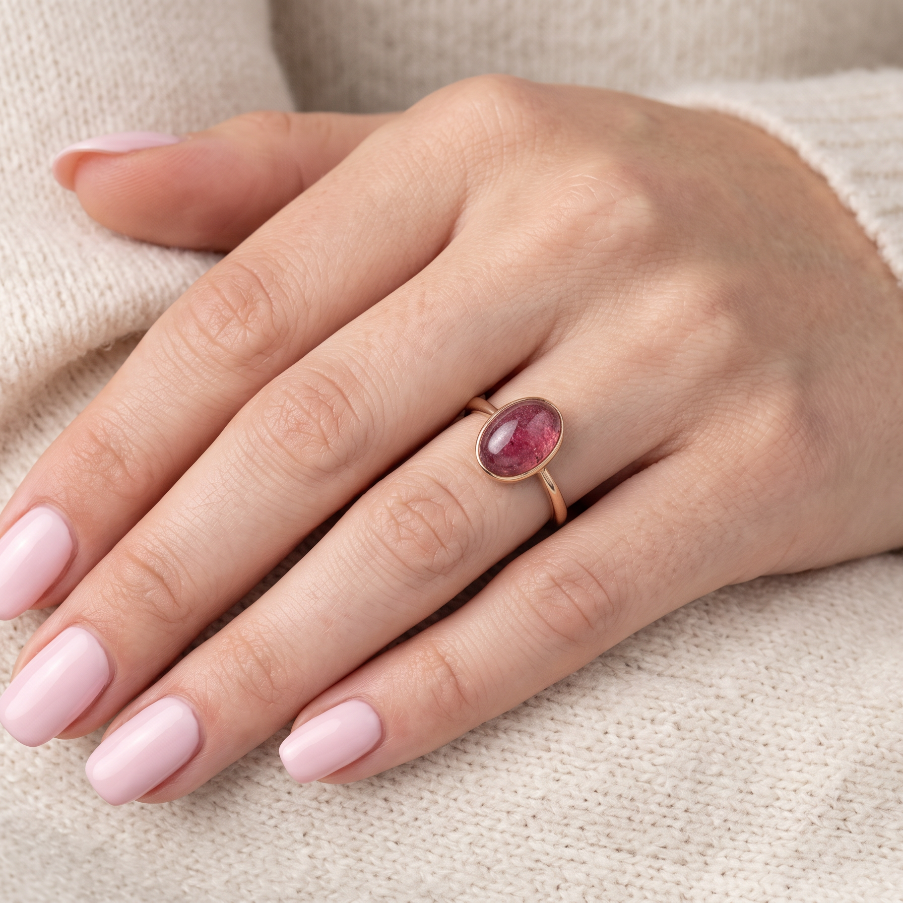 hand A vintage dress ring. Set with an oval cabouchon cut garnet, 11x7mm, in a rim style setting.