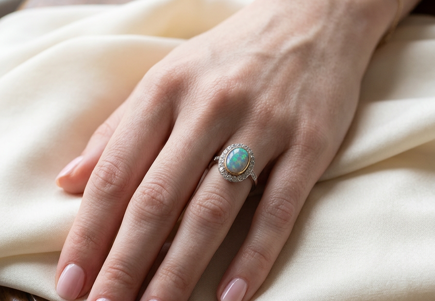 hand A vintage early 20th century cluster ring. Features to the centre a black opal doublet, with an excellent play of colour, measures 9.5x7.5mm, in a rim setting.