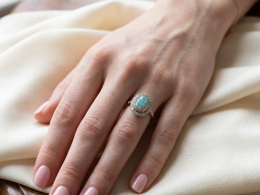 hand A vintage early 20th century cluster ring. Features to the centre a black opal doublet, with an excellent play of colour, measures 9.5x7.5mm, in a rim setting.