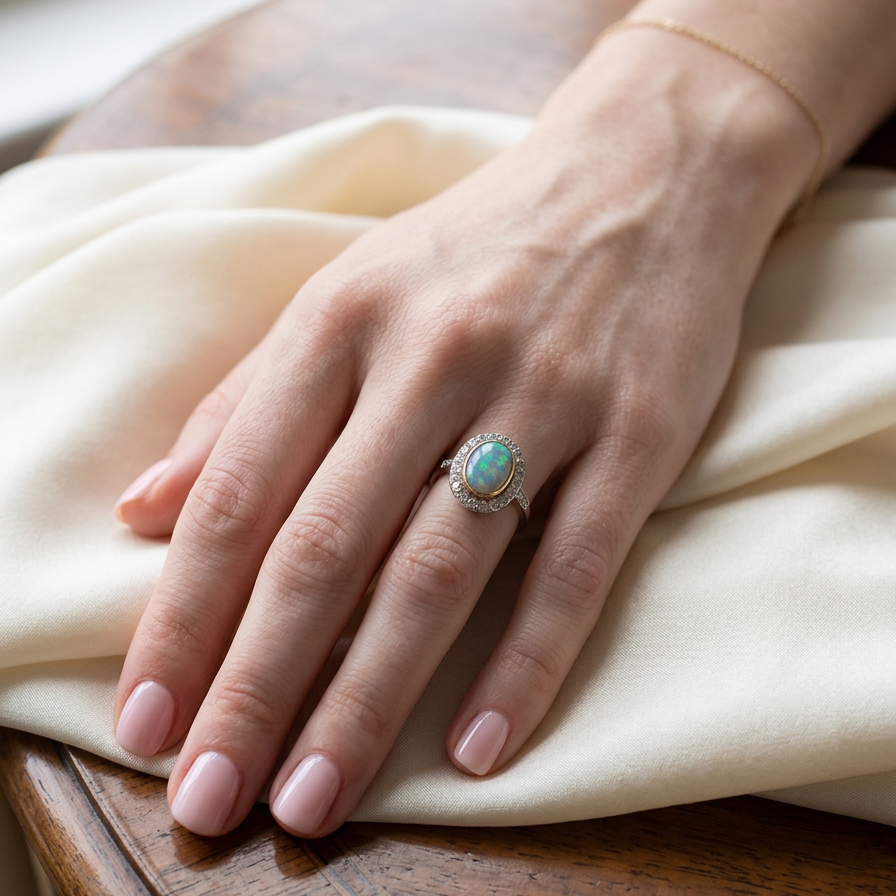 hand A vintage early 20th century cluster ring. Features to the centre a black opal doublet, with an excellent play of colour, measures 9.5x7.5mm, in a rim setting.