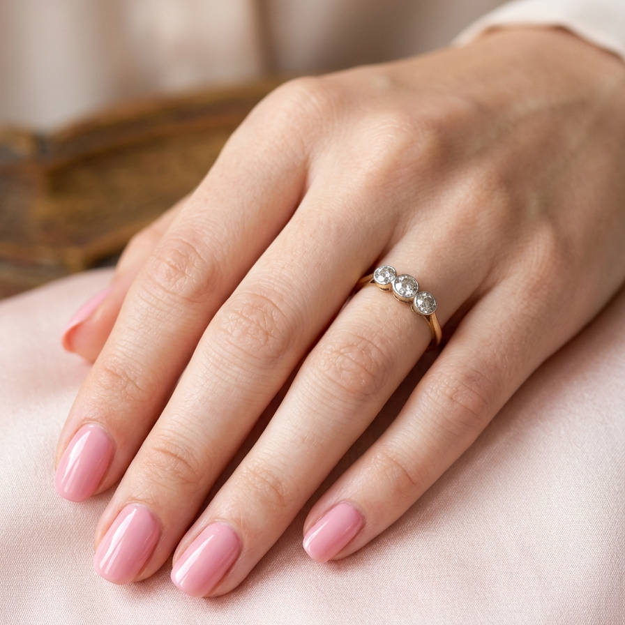 hand A vintage early 20th century trilogy ring. Set with three old cut diamonds, centre stone 3.8mm, and each side a 3.6mm diamond (total carat weight estimated at 0.55 carats)