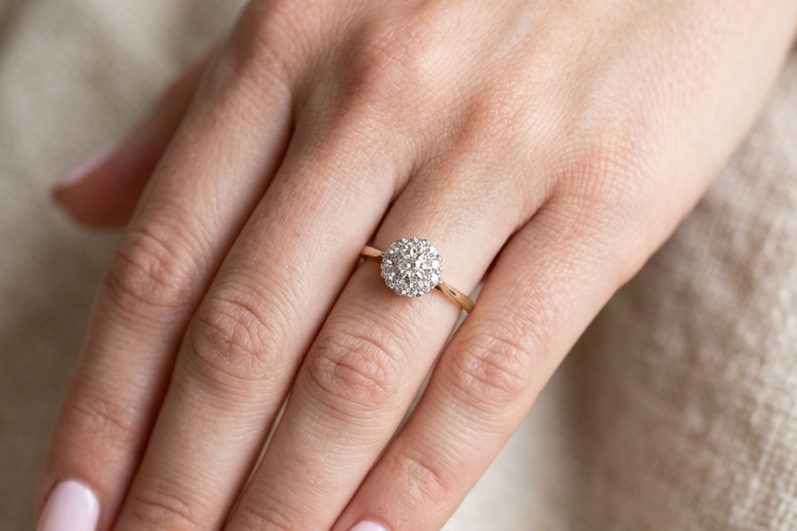 hand A vintage mid 20th century cluster ring. Principle stone a brilliant cut white diamond, 4mm (0.25 carats est) clarity i-j, clarity Si.