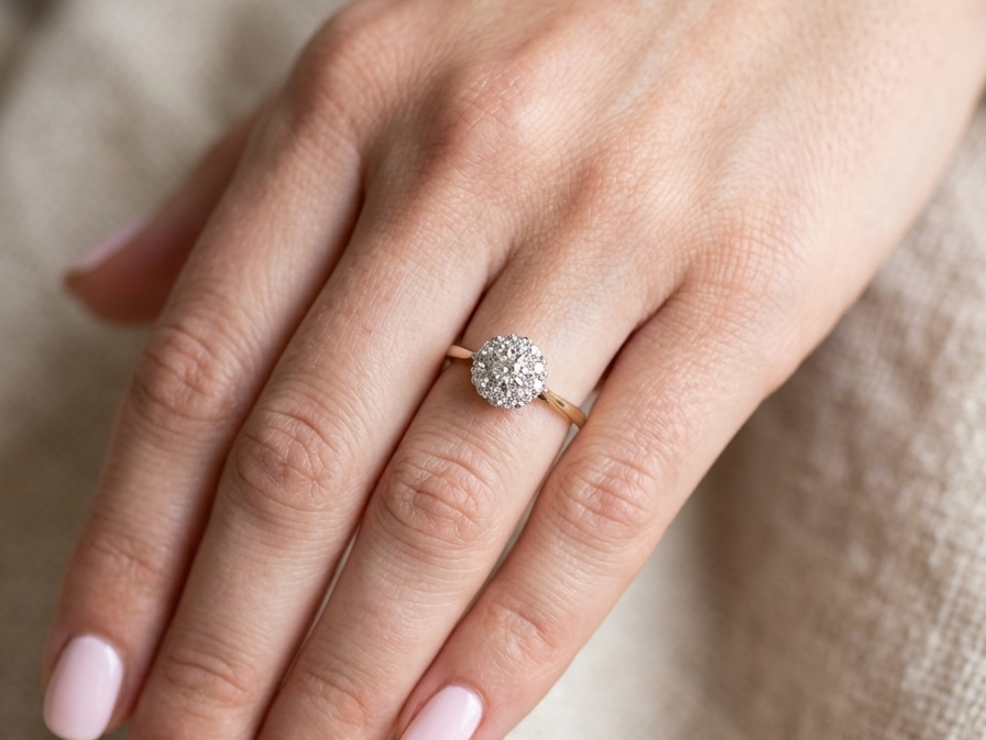 hand A vintage mid 20th century cluster ring. Principle stone a brilliant cut white diamond, 4mm (0.25 carats est) clarity i-j, clarity Si.