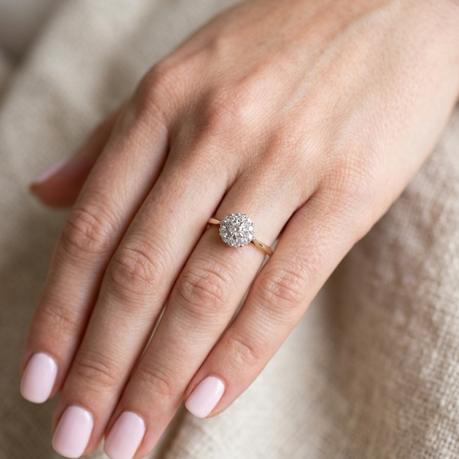 hand A vintage mid 20th century cluster ring. Principle stone a brilliant cut white diamond, 4mm (0.25 carats est) clarity i-j, clarity Si.