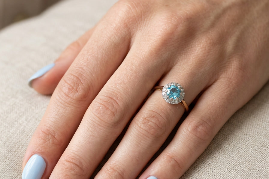 hand A vintage mid 20th century cluster ring.
Centre stone a natural blue zircon, 7mm diameter.
