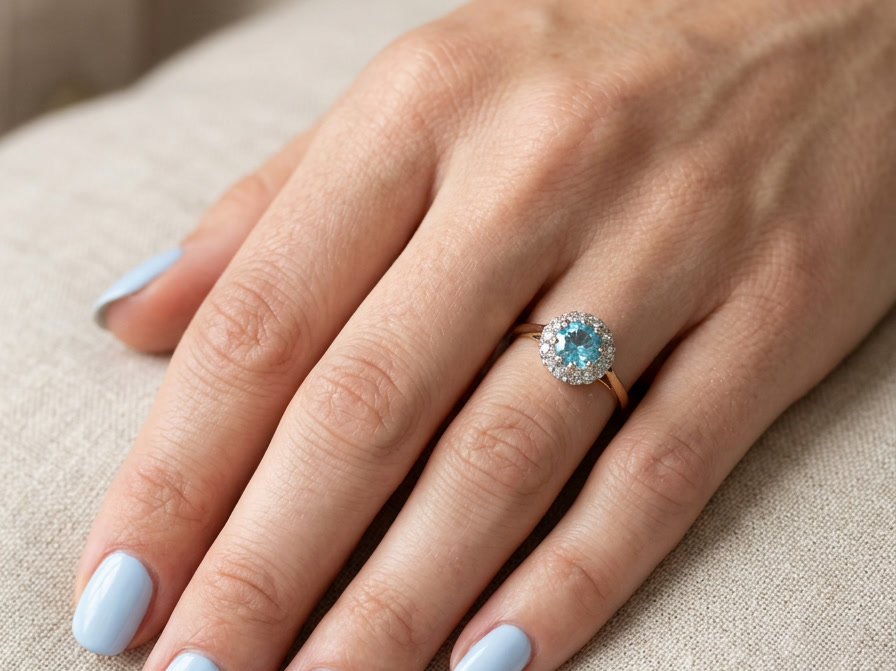 hand A vintage mid 20th century cluster ring.
Centre stone a natural blue zircon, 7mm diameter.