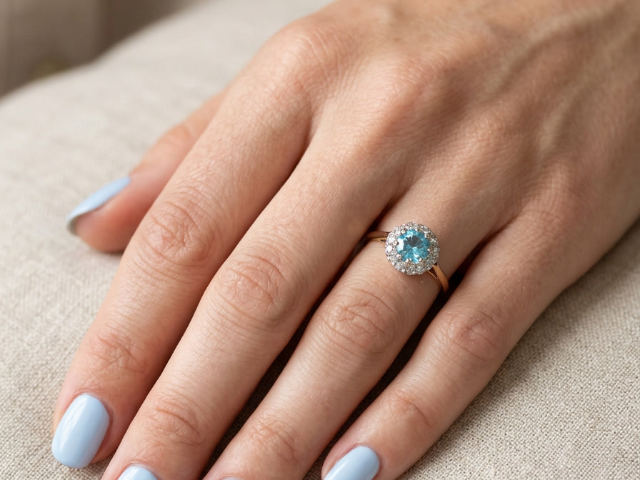 hand A vintage mid 20th century cluster ring.
Centre stone a natural blue zircon, 7mm diameter.