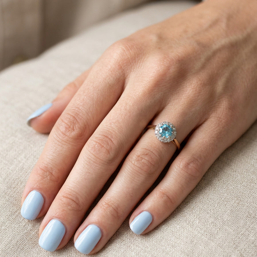 hand A vintage mid 20th century cluster ring.
Centre stone a natural blue zircon, 7mm diameter.