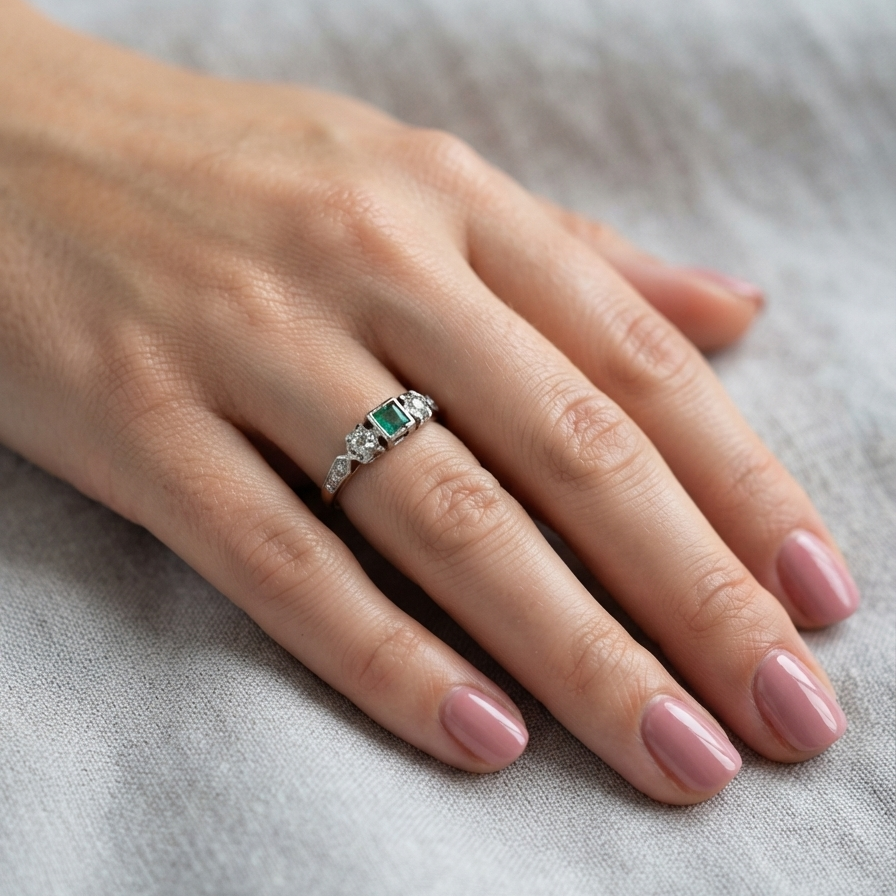 hand A vintage mid century ring. Centre stone a square emerald 3x3mm (0.15 carats est), rim setting.