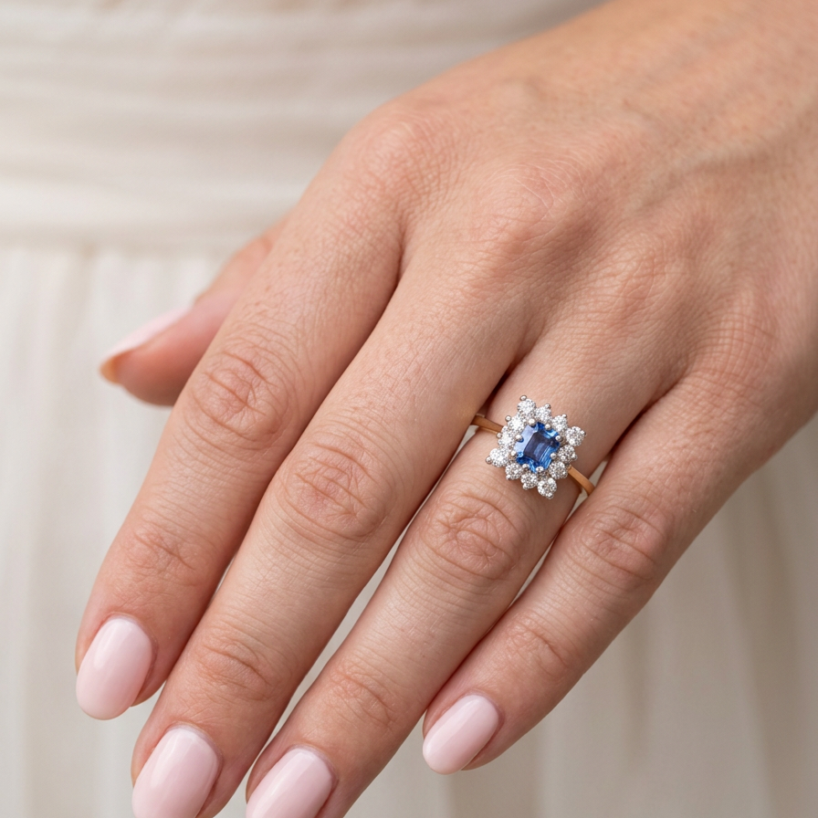hand A vintage square cluster ring. Features to the centre a square sapphire 5x5mm (est 0.50 carats) mid blue- cornflower hue. 