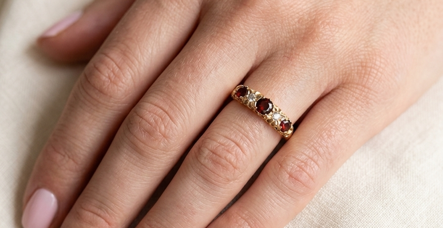 hand A vintage style 18 carat gold boat shaped ring. Features three dark red garnets, centre 4mm, each end a 3mm stone. 