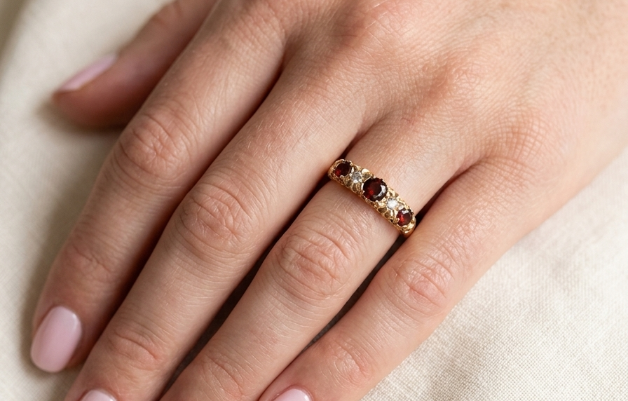 hand A vintage style 18 carat gold boat shaped ring. Features three dark red garnets, centre 4mm, each end a 3mm stone. 