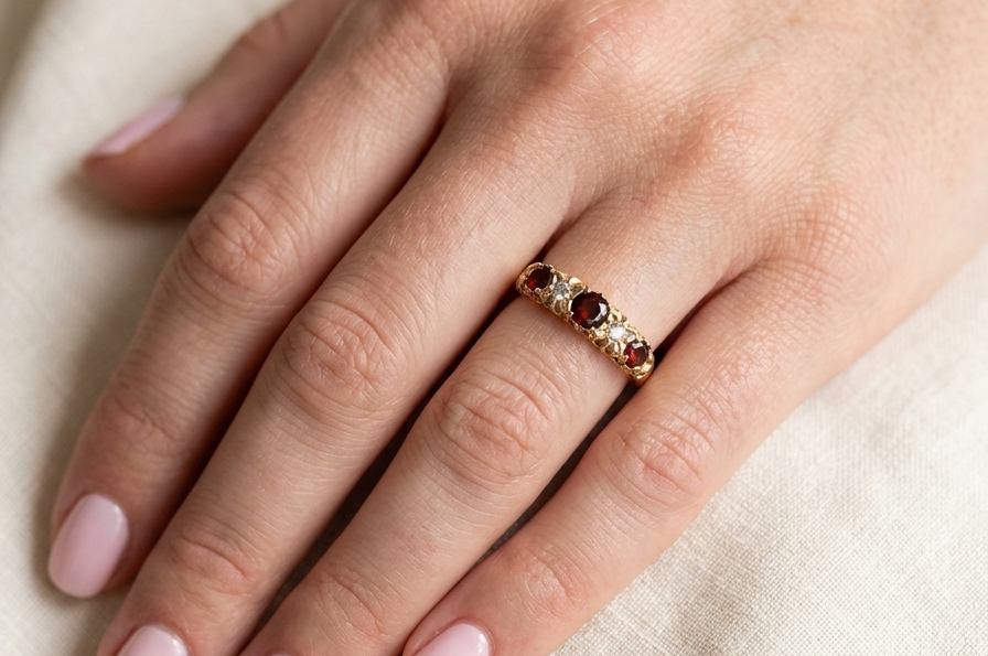 hand A vintage style 18 carat gold boat shaped ring. Features three dark red garnets, centre 4mm, each end a 3mm stone. 