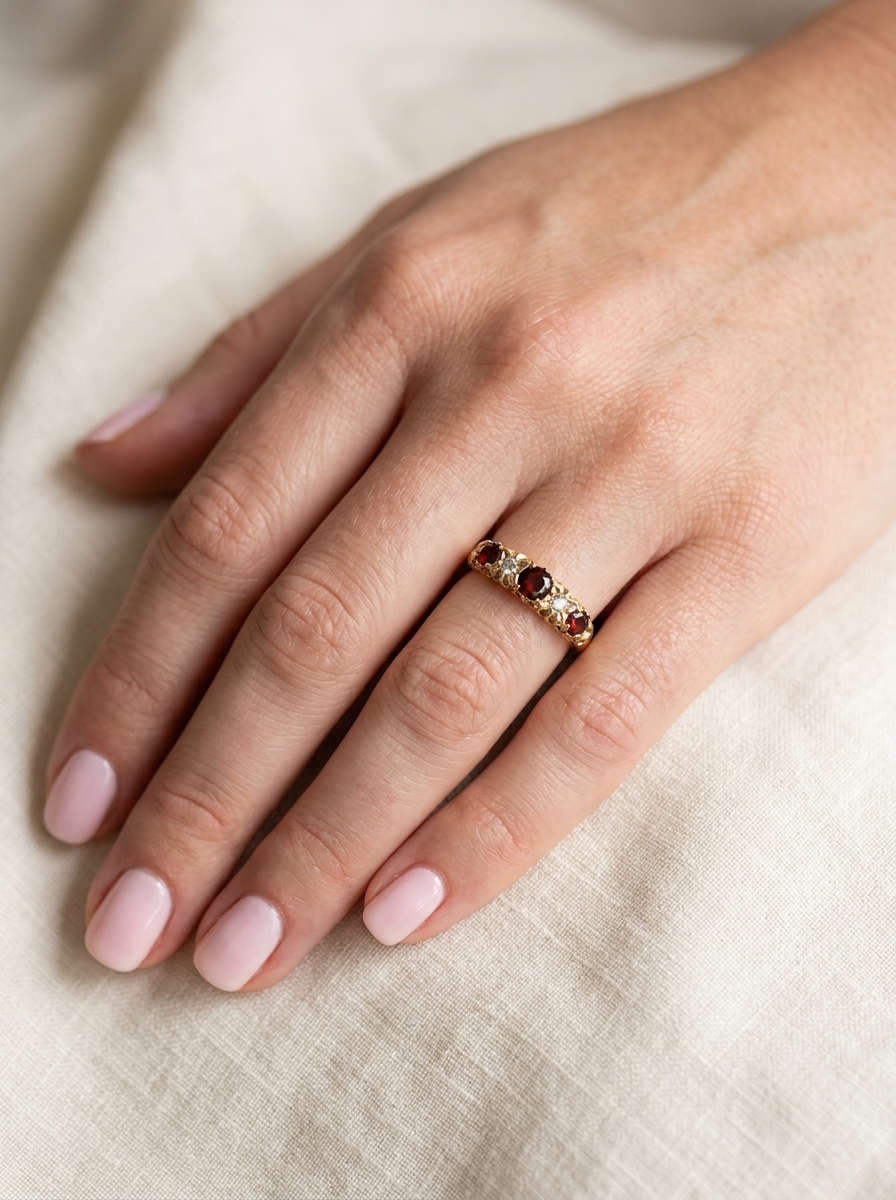 hand A vintage style 18 carat gold boat shaped ring. Features three dark red garnets, centre 4mm, each end a 3mm stone. 