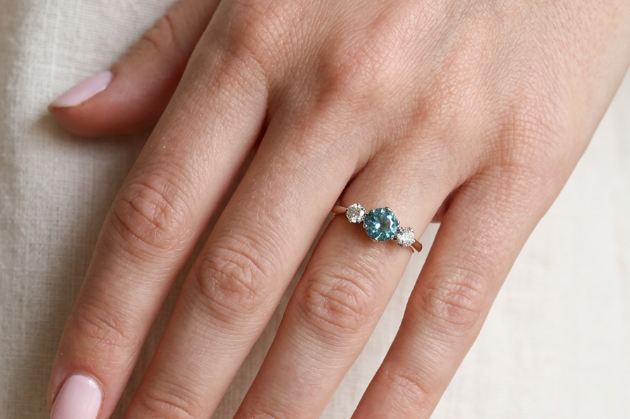 hand A vintage three stone ring. Centre stone, a round 5.8mm natural blue zircon.
To each side an old brilliant cut white diamond 4mm round (est 0.25 carats). Colour i-j, clarity Si.