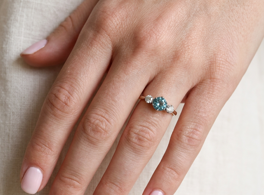hand A vintage three stone ring. Centre stone, a round 5.8mm natural blue zircon.
To each side an old brilliant cut white diamond 4mm round (est 0.25 carats). Colour i-j, clarity Si.