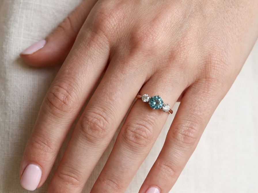 hand A vintage three stone ring. Centre stone, a round 5.8mm natural blue zircon.
To each side an old brilliant cut white diamond 4mm round (est 0.25 carats). Colour i-j, clarity Si.