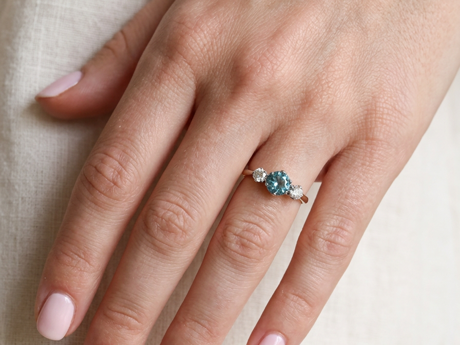 hand A vintage three stone ring. Centre stone, a round 5.8mm natural blue zircon.
To each side an old brilliant cut white diamond 4mm round (est 0.25 carats). Colour i-j, clarity Si.