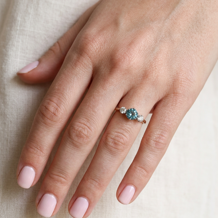 hand A vintage three stone ring. Centre stone, a round 5.8mm natural blue zircon.
To each side an old brilliant cut white diamond 4mm round (est 0.25 carats). Colour i-j, clarity Si.