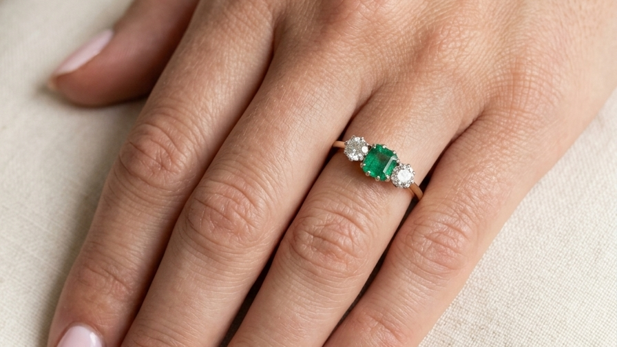 hand A vintage trilogy ring. Centre stone a step cut emerald, 6.5x5.5mm (est .75 carats). The emerald is dark green.