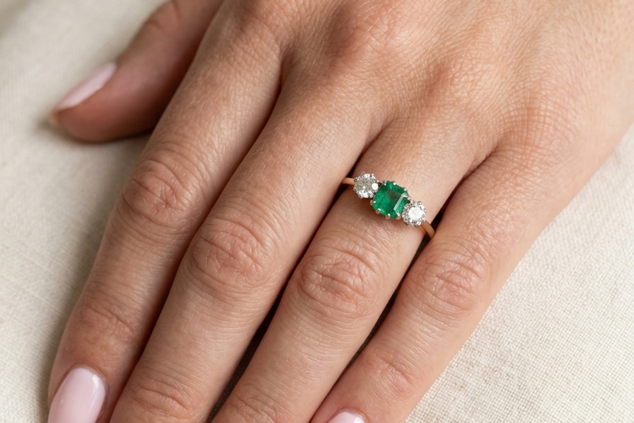 hand A vintage trilogy ring. Centre stone a step cut emerald, 6.5x5.5mm (est .75 carats). The emerald is dark green.