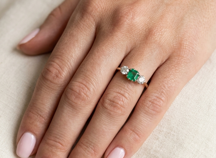hand A vintage trilogy ring. Centre stone a step cut emerald, 6.5x5.5mm (est .75 carats). The emerald is dark green.
