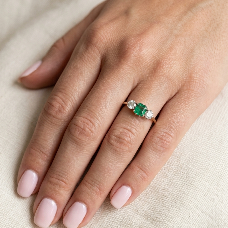 hand A vintage trilogy ring. Centre stone a step cut emerald, 6.5x5.5mm (est .75 carats). The emerald is dark green.
