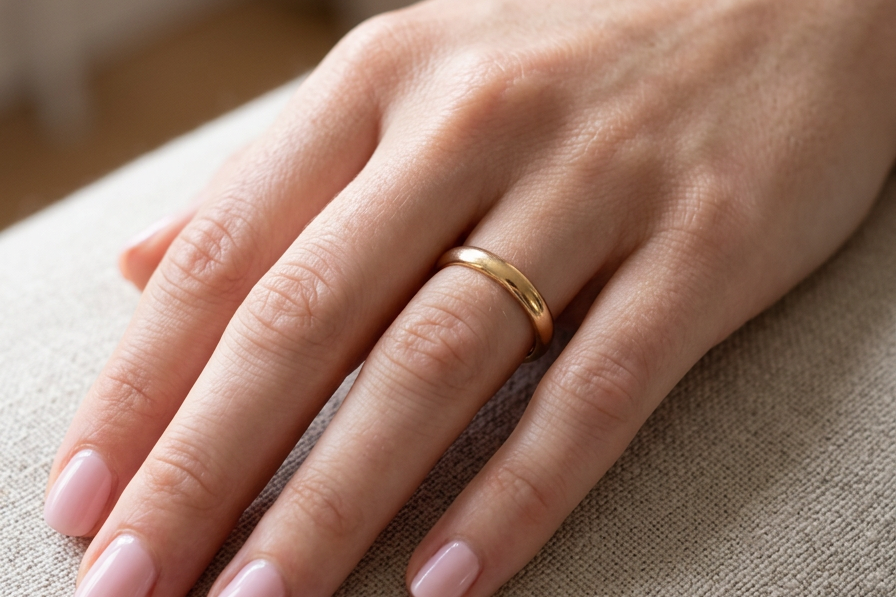 hand A vintage wedding ring, hallmarked London 1949. 22 carat gold, width 3.5mm.
Weight 6.5 grams. 