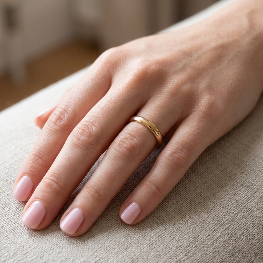 hand A vintage wedding ring, hallmarked London 1949. 22 carat gold, width 3.5mm.
Weight 6.5 grams. 