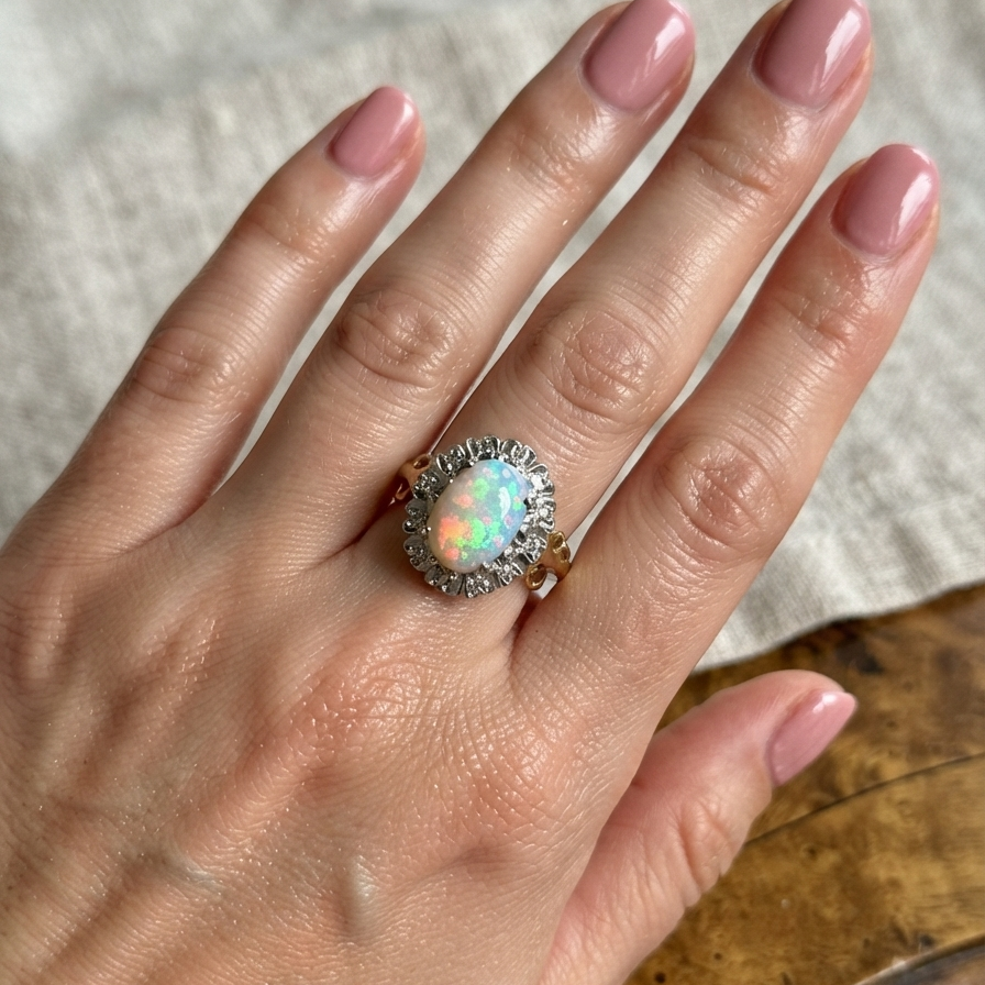 hand An 18 carat gold cluster ring. Features an oval opal centre stone with excellent play of colour with a predominance of watery purple and flashes of orange, and luminous green.
Measures 11x7mm.