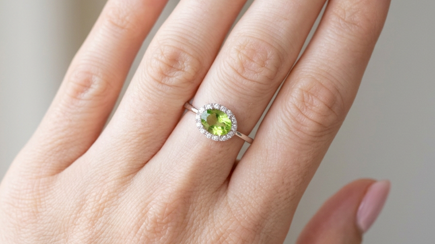 hand An 18 carat white gold* cluster ring. Features and oval shaped peridot gemstone, measures 8.5x6.5mm.