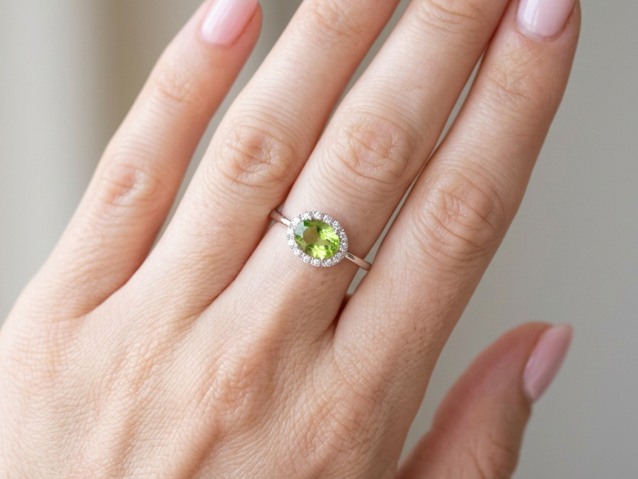 hand An 18 carat white gold* cluster ring. Features and oval shaped peridot gemstone, measures 8.5x6.5mm.