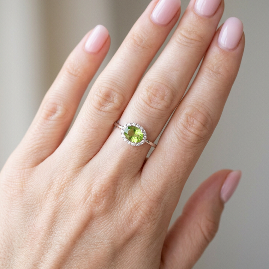 hand An 18 carat white gold* cluster ring. Features and oval shaped peridot gemstone, measures 8.5x6.5mm.