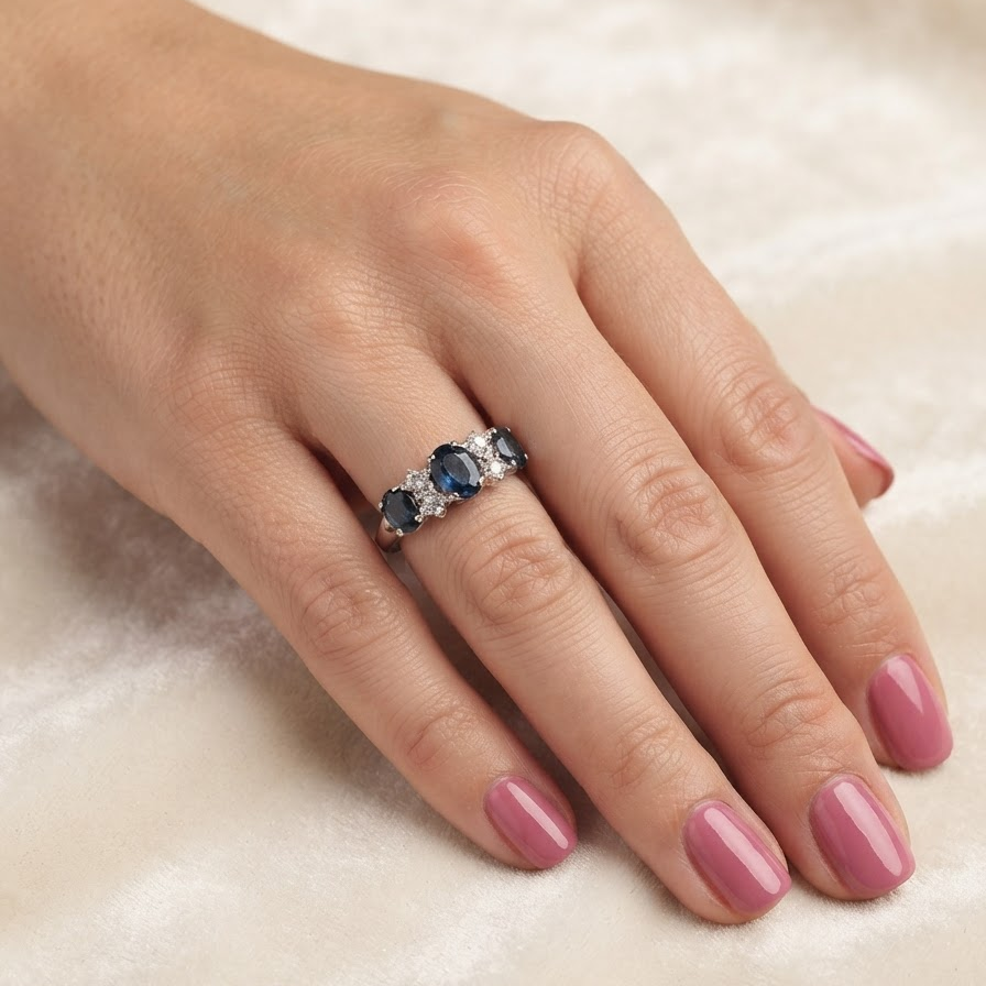 hand An 18 carat white gold * dress ring. Features three large sapphires, centre 8x6mm (est 1.25 carats) and each side a 7x5mm sapphire (est 0.75 carats), dark blue hues, with slight green tinges to edges.