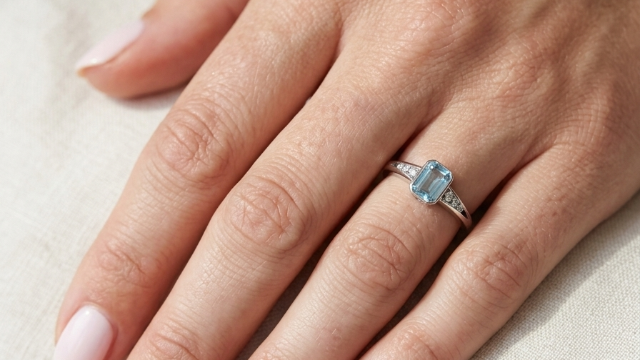 hand An 18 carat white gold ring, features a rectangular step cut aquamarine, measures 7x5mm (st one carat) sky blue, fine clarity. Rim setting.