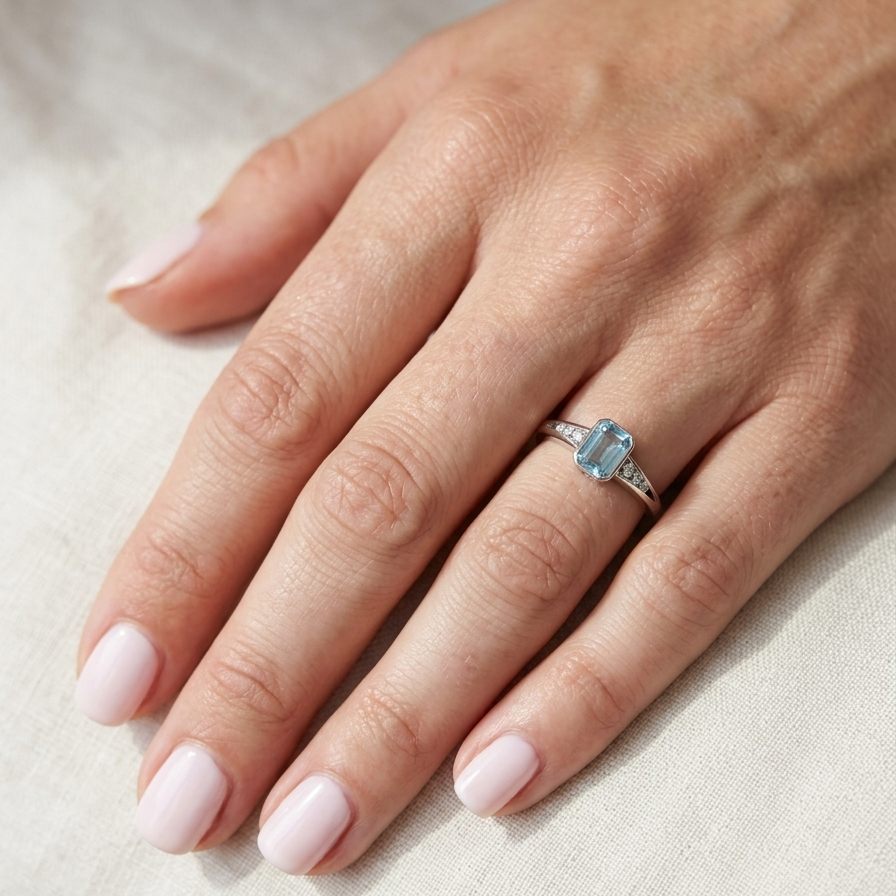 hand An 18 carat white gold ring, features a rectangular step cut aquamarine, measures 7x5mm (st one carat) sky blue, fine clarity. Rim setting.